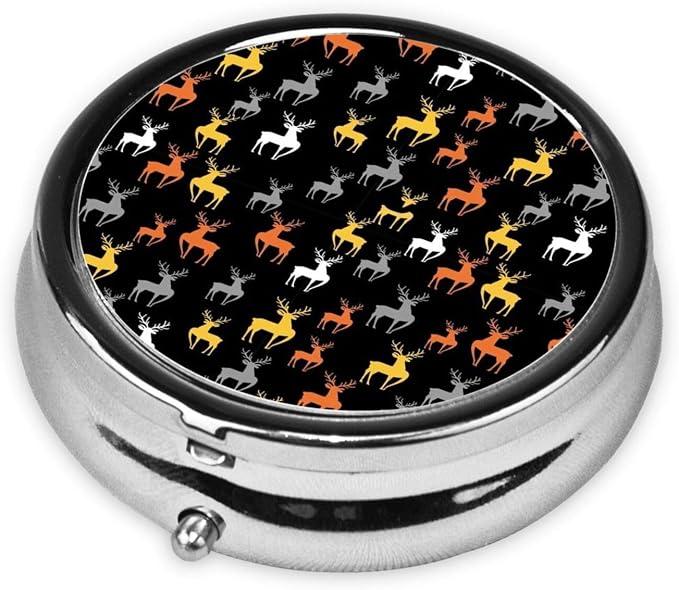 Pocket Pill Box, Waterproof Round Dispenser, Portable Mini Case for Supplements, Daily Use Organizer for Active Lifestyles, Retro Style Reindeer Deer Black