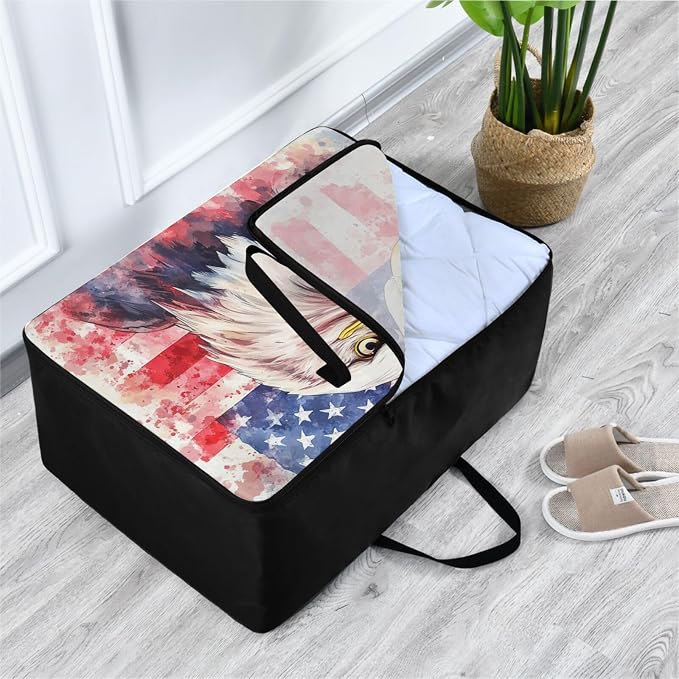 Comforter Storage Bags Large Folding Blanket Organizer Bag with Strong Handles Clear Window Closet Storage Containers for Clothes King Queen Pillows Bedding Quilt Duvet Bald Eagle Usa Flag 4th