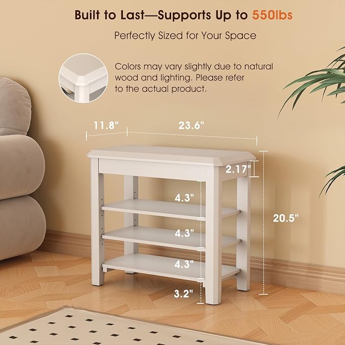IUNVR Shoe Rack Bench Seat Rubberwood 3-Tier Wooden Storage Bench 550lbs Compact Mid-Century Modern Design for Entryway, Hallway, Closet, Front Door Entrance, Foyer