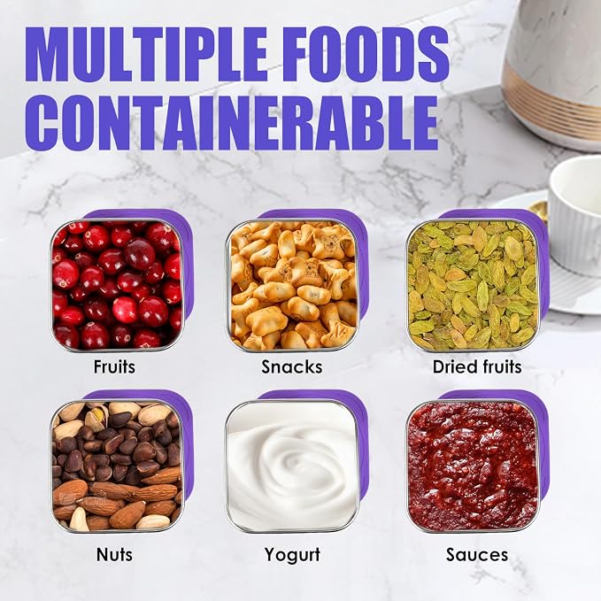 Stainless Steel Snack Containers with Silicone Lids 6 Pack | Reusable Small Food Containers for Snacks, Fruit and Lunch Storage, Perfect for School, Travel and Outdoor Use