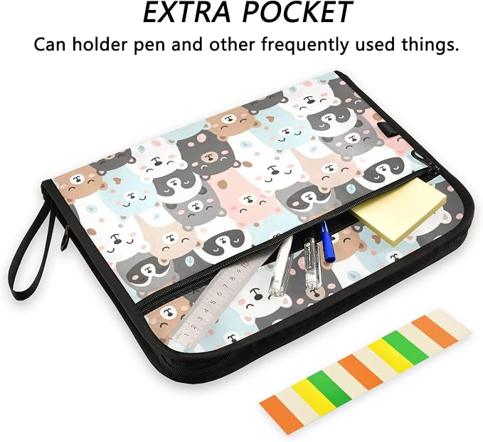 Cute Little Bears Expanding File Folder with Sticky Labels, 13 Pockets Accordion File Folder Document Organizer Expandable Zip File Folder with Zipper Closure