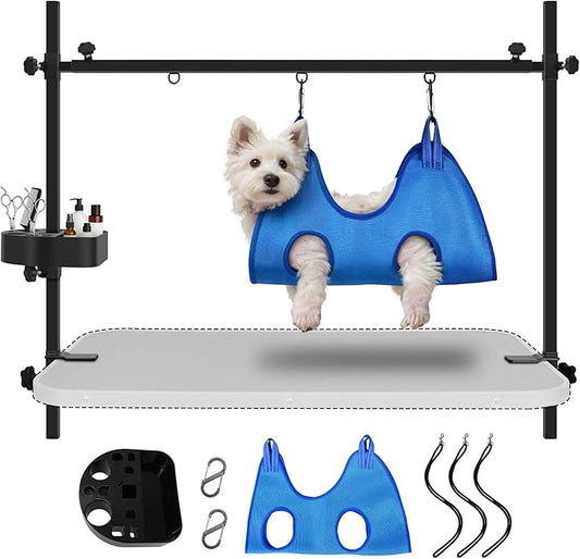 LEIBOU H-Shape Pet Grooming Table Arm with Grooming Hammock Tool Holder Noose and Clamp for Dogs and Cats Heavy Duty Aluminum Alloy Frame with 35.4” Adjustable Height and 36.2” ~ 50” Adjustable Width