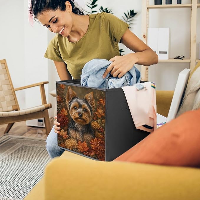 Yorkie Dog Autumn Flowers Storage Bin with Handles, Oxford Fabric Foldable Storage Cube Organizer for Clothes, Towels, Bedroom, Living Room, Home Organization