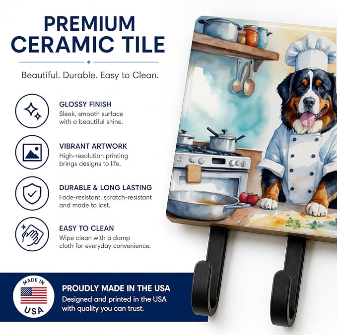 Caroline's Treasures Bernese Mountain Dog The Chef Leash or Key Holder Wall Hooks, Key Hooks Holder, Coat Rack Wall Mount, Coat Hooks, Hooks for Hanging Keys, Towels, Aprons, Leashes | Bernese Mountain Dog The Chef artwork on ceramic tile with three st...