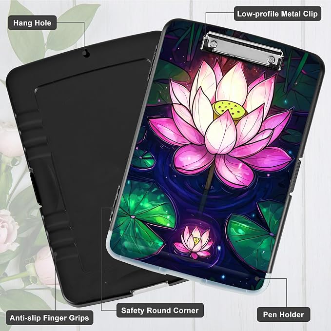 Pink Lotus Flower A4 Clipboard with Storage Pen Holder, Clipboards Organizer Nursing Clipboard Foldable File Folder Plastic Clipboard Folio Clip Board for Office Students Classroom Doctor