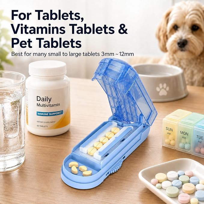 ONE PIX Pill Cutter Splitter for Small and Tiny Pills, Multiple Pill Splitter with Centering Device & Hidden Blade, Adjustable Tablet Cutter for Large Pills, Seniors, Pets, Blue