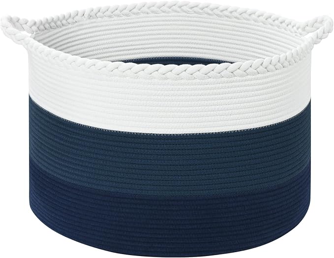 67L Large Woven Blanket Basket, Cotton Rope Baby Laundry Hamper with Handles, Kids Toy Basket for Classroom & Nursery, Soft Round Stuffed Animal Storage, Dog Toy Bin - 20"x13", Dark Blue