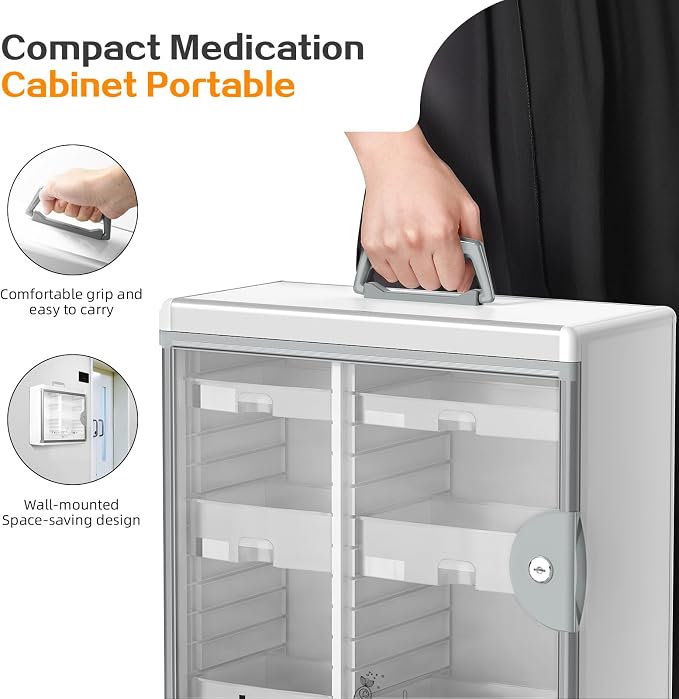 Lockable Medicine Cabinet with 6 Removable Trays, Wall Mounted & Portable Locking Medicine Cabinet Organizer with Key Lock for Home, Bathroom, Office - Aluminum Frame(15.63 * 6.5 * 15.43Inch)