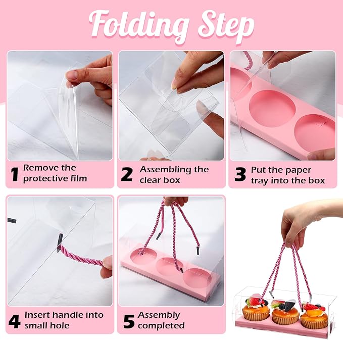 Thenshop 40 Pcs Clear Cupcake Boxes 9x3x3 in 3 Compartment Holder,Pink | Transparent Holders with Handles, Individual Pastry Display for Wedding Graduation Party Favors Cookies Treats Gifts