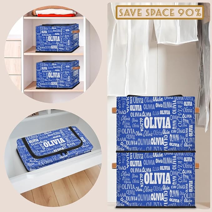 Custom Rectangle Storage Basket Zipper Lid, Personalized Name Navy Blue Organizer Bin for Pet/Children Toys, Books, Clothes, Perfect for Rooms/Playroom