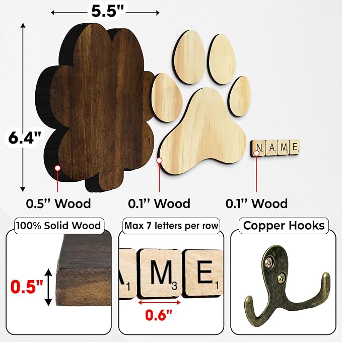 Dog Leash Holder for Wall Mount with Scrabble Letters, Wooden Paw Print Wall Hook, Pet Collar and Harness Organizer for Entryway, Key Hook for Pet Lovers & Dog Owners, Home Decor PF283