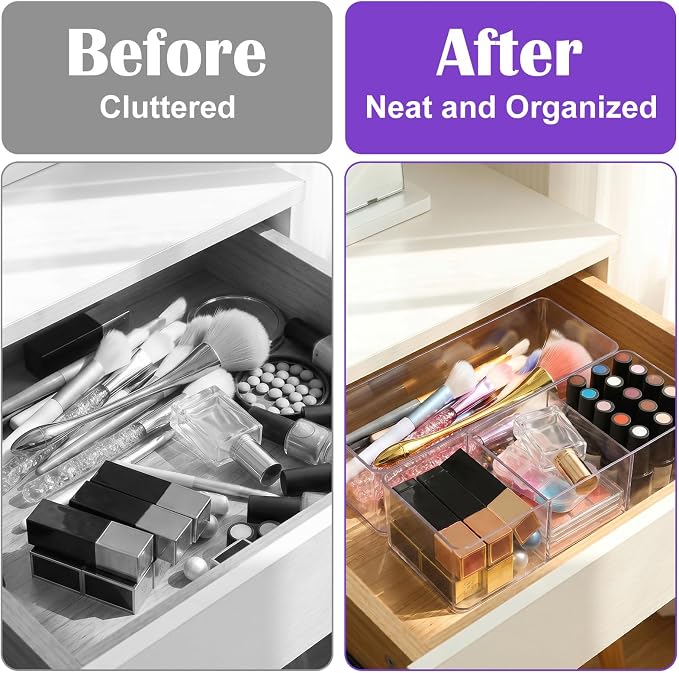 4-Piece Acrylic Organizer Set, Makeup Organizer for Drawer, Vanity, Countertop, Bathroom & Kitchen Storage, Clear PET Desktop Organizers with Compartments (2 Open + 2 Three-Cell Boxes)