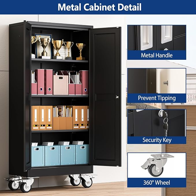 Ckzbx Metal Garage Storage Cabinet with Locking Doors and Adjustable Shelves,61" H Rolling Tool Storage with Wheels for Garage,Office (Black)