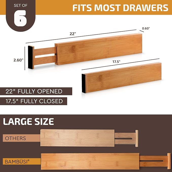 6-Pack Drawer Dividers 2.6-Inch High Dresser Organizer 16 to 22 Inch, White | Bamboo, Spring Loaded, No Tools Needed, Fits Wide Drawers for Socks, Clothes, Utensils, Bedroom, Bathroom, Kitchen, Office