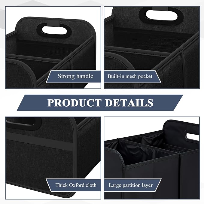 Car Trunk Organizer, Foldable Car Trunk Storage Box with 2 Compartments & Mesh Pocket, Large Capacity, Portable with Handle, Collapsible Backseat Storage Organizer for SUV Truck Sedan (Black)