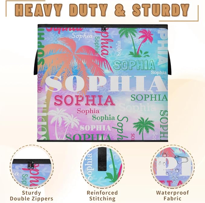 Personalized Extra Large Storage Bins with Lid, Customized Name Painted Blue Pink Green Tropical Palm Trees Storage Basket Rectangle Clothes Organizer for Organizing Kids and Pets Toys Shelf Closet