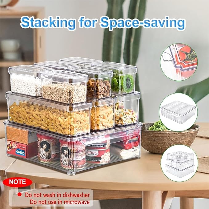 KUMD 10 Pack Food Storage Organizer Bins, Clear Stackable Containers | Organizer bins with lids for food packets, snacks, spice pouches, tea & dry goods. Fits pantry, kitchen cabinet & countertop