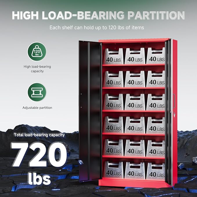 Metal Garage Storage Cabinets with Lock, 71" Tall Locker Organizer Steel Tool Cabinets,5 Adjustable Shelves 2 Doors for Home Office, Warehouse,Garage,Industrial,Employee (Black Red)