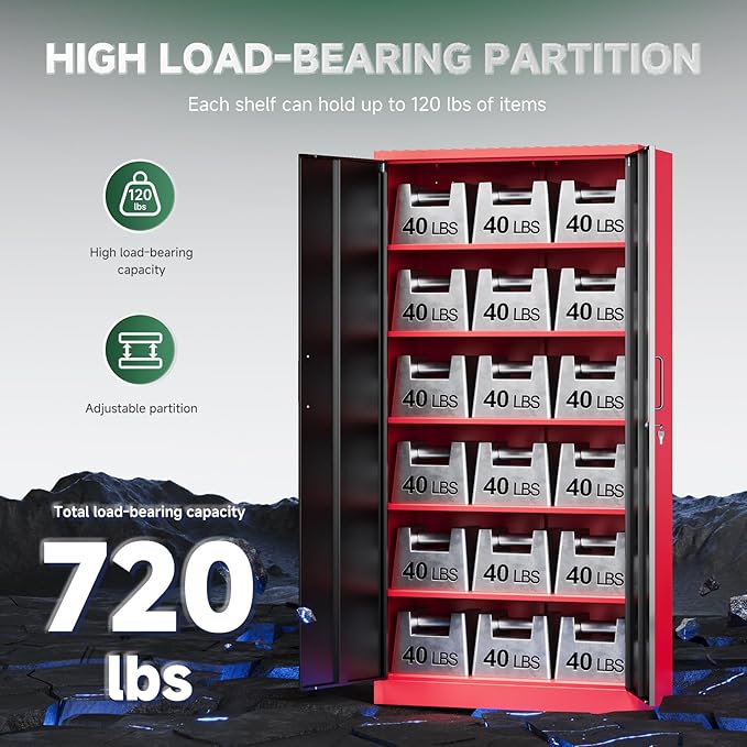 Metal Garage Storage Cabinets with Lock, 72" Tall Locker Organizer Steel Tool Cabinets,5 Adjustable Shelves 2 Doors for Home Office, Warehouse,Garage,Industrial,Employee (Black Red)