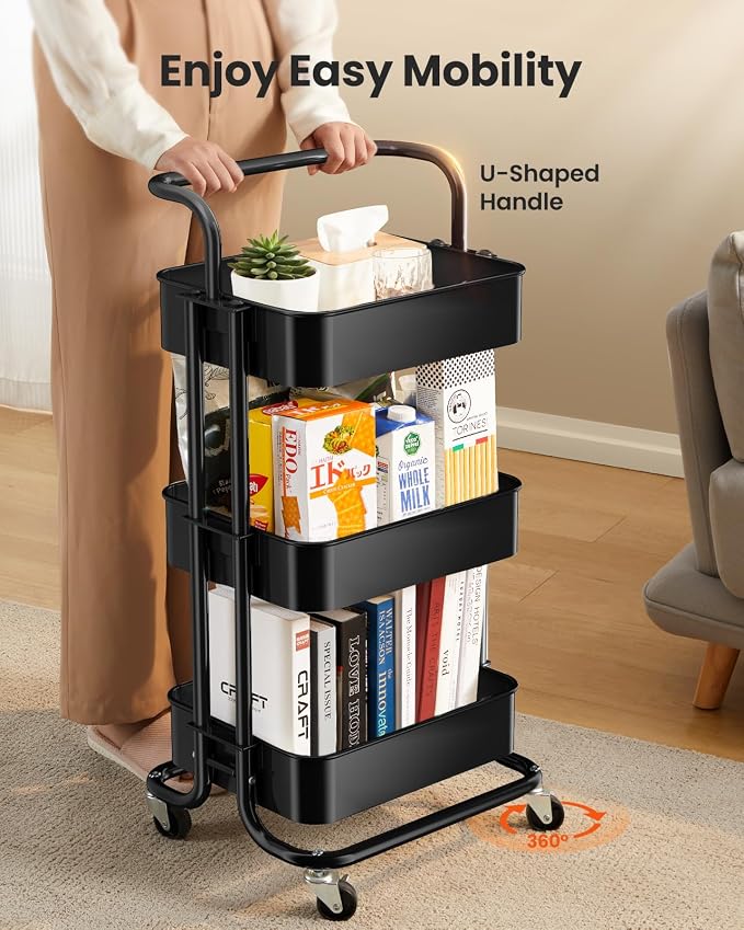 Pipishell Metal 3 Tier Rolling Cart with Handle & 2 Lockable Wheels, Black | Four Large 2" Wheels for Easy Motion, Sturdy Metal, Hold 22 lbs per Shelf, Ideal for Nursery Room, Living Room, Painting Room