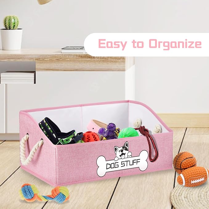 Dog Toy Basket, Storage Bin, Collapsible Box for Pet Accessories | Fabric Container With Handle, Trapezoid Holder for Small Medium dogs, Organizer for Living Room, Pink