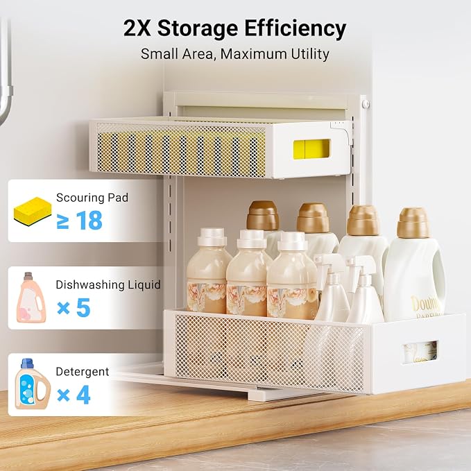 TISTAYA Pull-Out Under Kitchen Sink Organizer, Metal Functional Under Sink Organizer, Height Adjustable Under Bathroom Sink Organizer, Under Sink Storage for Kitchen Bathroom Cabinet (White)