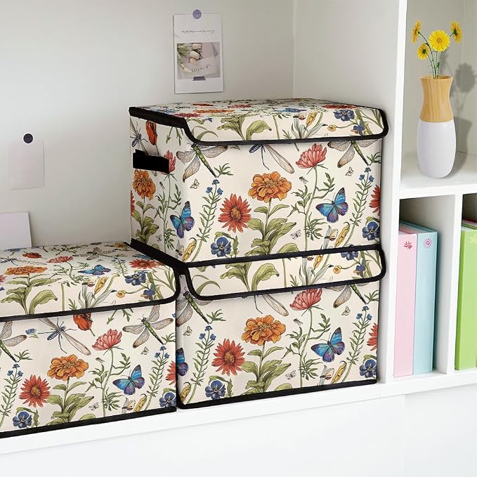 Stackable Clothes Storage Bins with Lids 3 Pack | Closet Organizers Fabric Cat Printing Box for Home and Office,Blanket Clothes Organizers,Under Bed Storage Containers