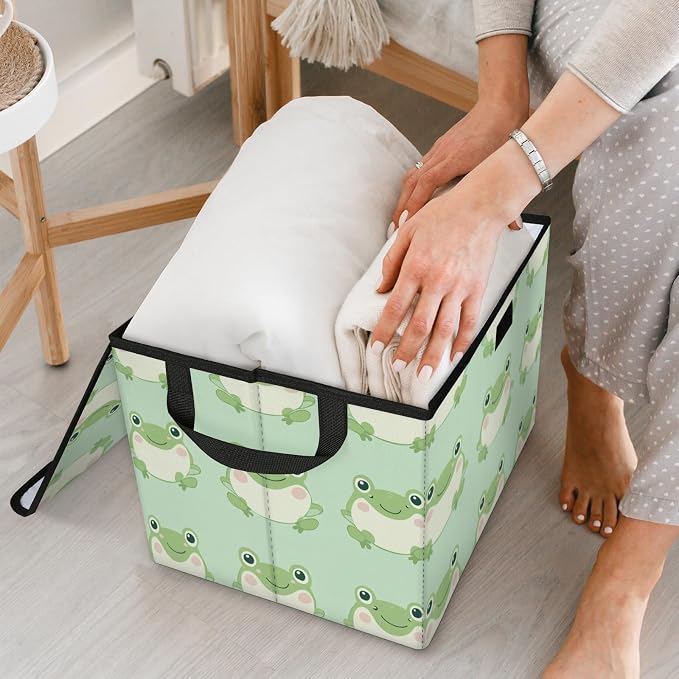 Cute Frog Storage Bins with Lids, Cartoon Animal Foldable Storage Boxes with Carrying Handle Organizer Containers Baskets Cube for Home Bedroom Closet