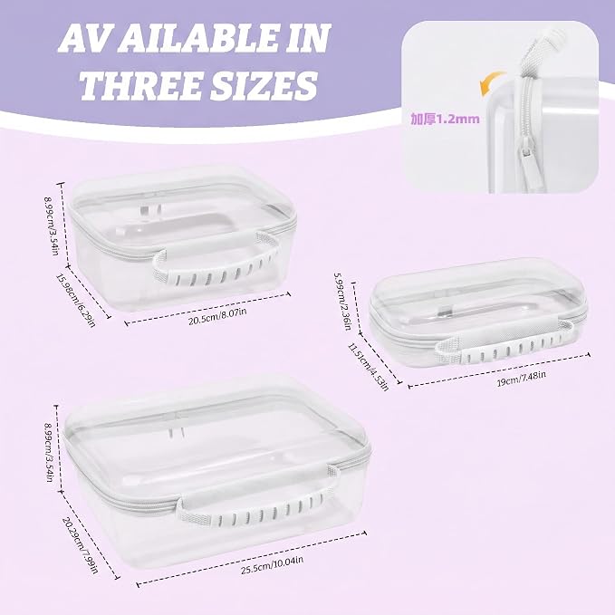 3 Pack Deep Clear Hard Shell Zipper Cases with Handle (White) | Travel Toiletry Bag, Waterproof 1.2mm PET Hard Plastic Pouches, Organizer Box for Makeup, Toy, Snack, Stationery, Diaper
