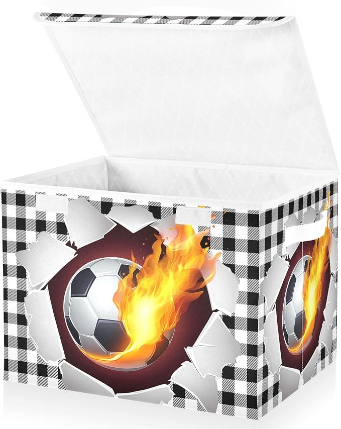 Football Fire Fabric Storage Bins with Lid Closet Bedroom 40L Fabric Bin | Decorative Storage Boxes, Foldable & Stackable, Dust-Proof Flip Top, Reinforced Handles, For Home & Dorm, Clothes & Toy Box