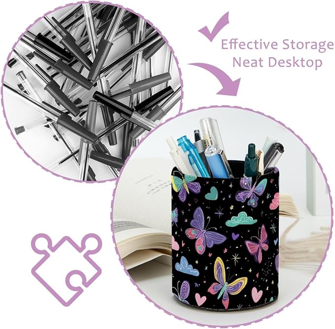 Faux Leather Pen Holder for Desk, Pencil Organizer Colorful Butterflies Pen Cup Desk Decor Makeup Brush Holder Storage for Office Home