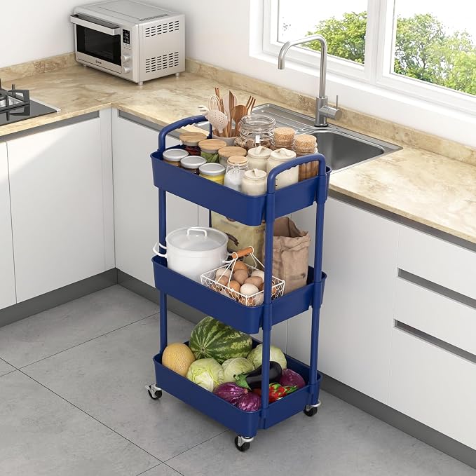 Sywhitta 3-Tier Plastic Rolling Utility Cart with Wheels for Storage,Blue | Multi-Functional Storage Trolley, for Office, Living Room, Kitchen, Bathroom,Movable Organizer,Space-Saving,Easy to assemble