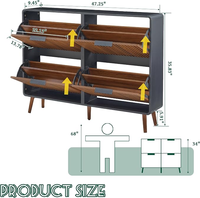 FurSch 47" Fluted Large Shoe Cabinet with 4 Flip Drawers | Slim Freestanding Organizer, Narrow Storage Rack, for Entryway, 5 Sturdy Legs