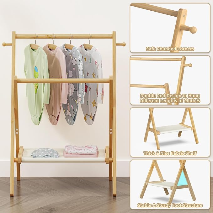 BAMBOOHOMIE Baby Clothing Rack for Baby Shower Pets Dolls, Baby Clothes Rack with Storage Shelf & Double Rods, Toddler Clothes Rack, Mini Closet Baby Shower Rack (Natural)