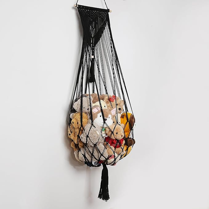 Amdermi Stuffed Animal Net or Hammock Corner or Wall Hanging Net for Plush Toy Storage Boho Macrame Toy Display Nursery Bedroom Decor Stuffy Animal Toy Organizer (Black)