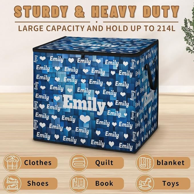 Personalized Storage Bags with Lid Large Blanket Clothes Blue Geometric Pattern Love Hearts Organization and Storage Containers for Comforters,Bedding, Foldable Organizer with Reinforced Handle