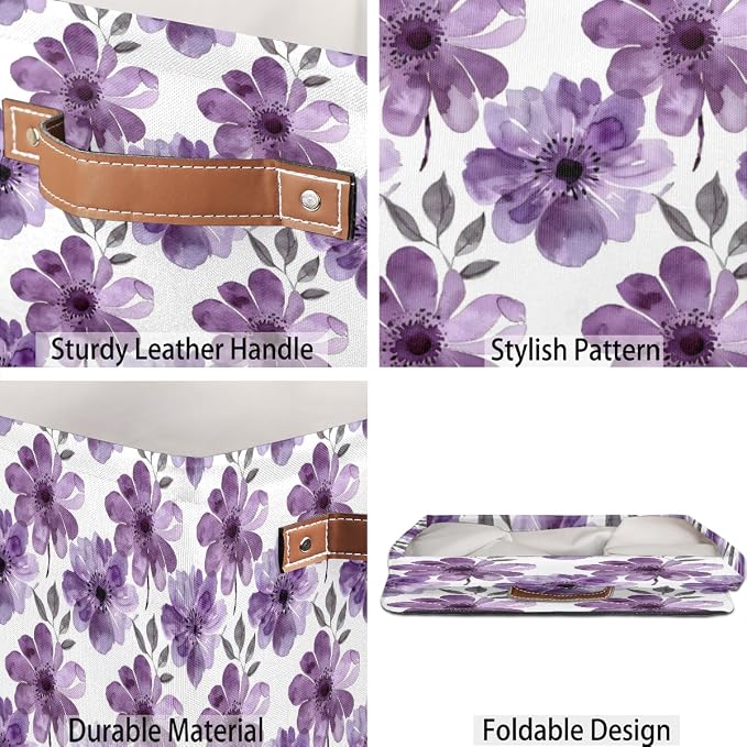 Purple Floral Cube Storage Bin, 13 Inch Collapsible Fabric Storage Cubes Bin, Watercolor Flower Leaves Wildflower Foldable Cube Baskets for Shelf, Closet, Organizer
