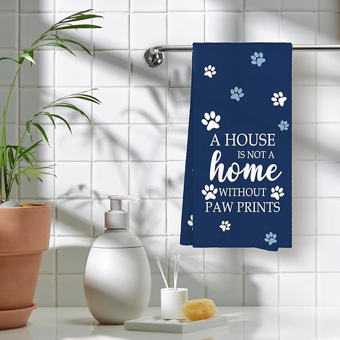 Blue Paw Farmhouse Kitchen Towels Decor Gifts for Women Pet Lovers, A House is Not A Home Without Paw Prints Decorative Bathroom Towels, Funny Dish Hand Towels for Kitchen Drying 16x24 Inch