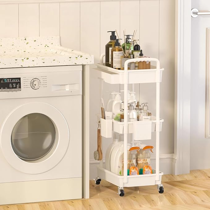 3 Tier Rolling Utility Cart with Drawer, Plastic Storage Organizer Rolling Carts with Wheels Handles Hanging Cups Hooks for Office, Bathroom, Kitchen,Craft Art Room (White)