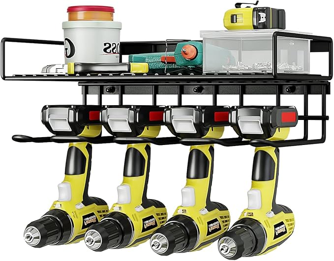 AZERPIAN Power Tool Organizer Heavy Duty Wall Mount Drill Tools Holder | Garage Wall Mount Tool Rack, Workshop Metal Cordless Tool Shelf, 1 Layers Utility Storage Racks for 4 Drill Holders
