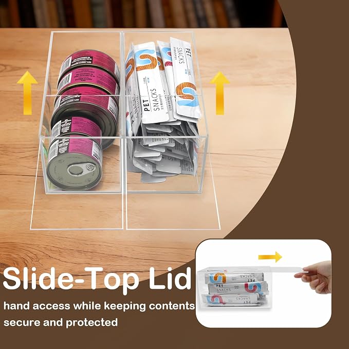 【UPGRADED】 2 Pack Acrylic Cat Treat Container, Openable Lickable Cat Treats Organizer, Dustproof Cat Food Can Organizer, Cat Treats Jar Pet Treat Container for Kitchen Cabinet Pantry Shelf