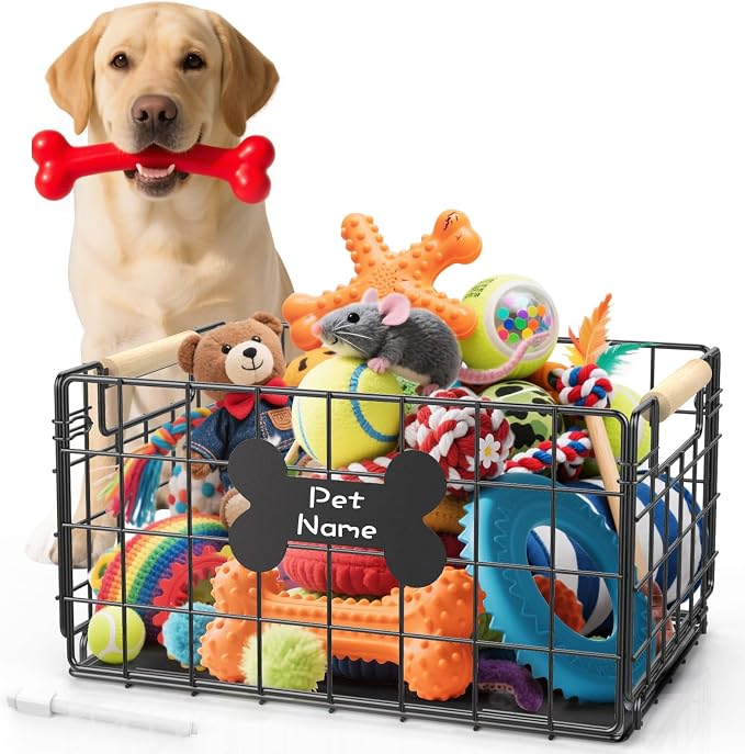 Dog Toy Basket, Foldable Metal Dog Toy Bin 15.8''×11.8''×11.8'' | Chew-Proof Basket with Handles, Pet Stuff Storage Organizer Box, Marker Pen, Portable Puppy Toys Basket for Living Room