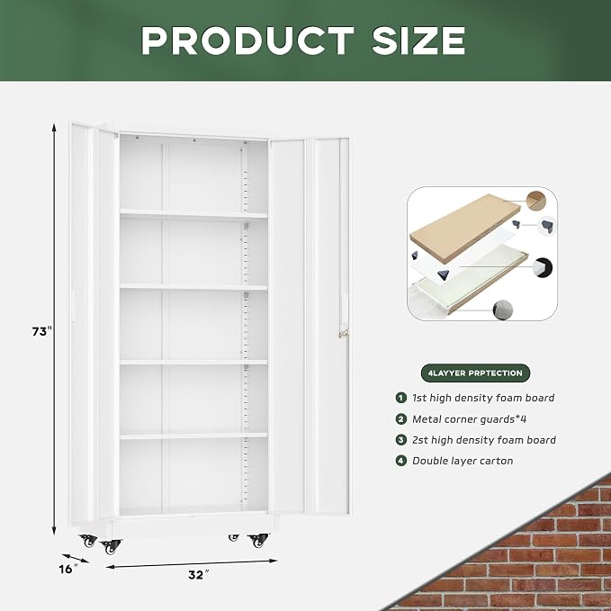 Greenvelly Metal Garage Storage Cabinet with 4 Swivel Wheels, 73" White Storage Cabinet on Wheels, Rolling Tool Cabinet with Locking Doors and Shelves for Garage, Basement, Home, Warehouse