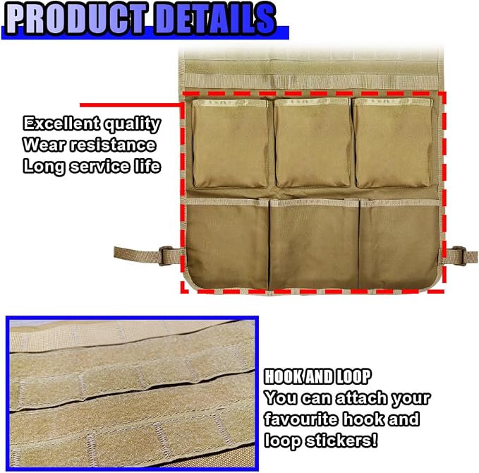 Tactical Molle Panel Car Seat Back Organizer, Waterproof Car Front Seat Protector with Multiple Pockets, Universal Kick Mat for Kids/Pets, Vehicle Backseat Storage Bag for Most Cars (Khaki)