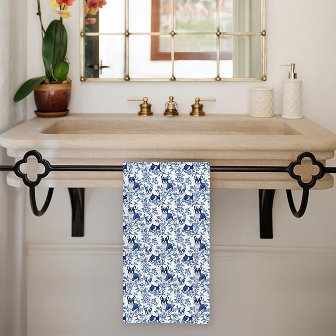Chicimln Chinoiserie Boston Terrier Kitchen Towels, Boston Terrier Gifts Decorative Hand Towels for Bathroom, Blue and White Dog Dish Tea Towel Drying Cloth for Kitchen Decor, 16x24 Inch