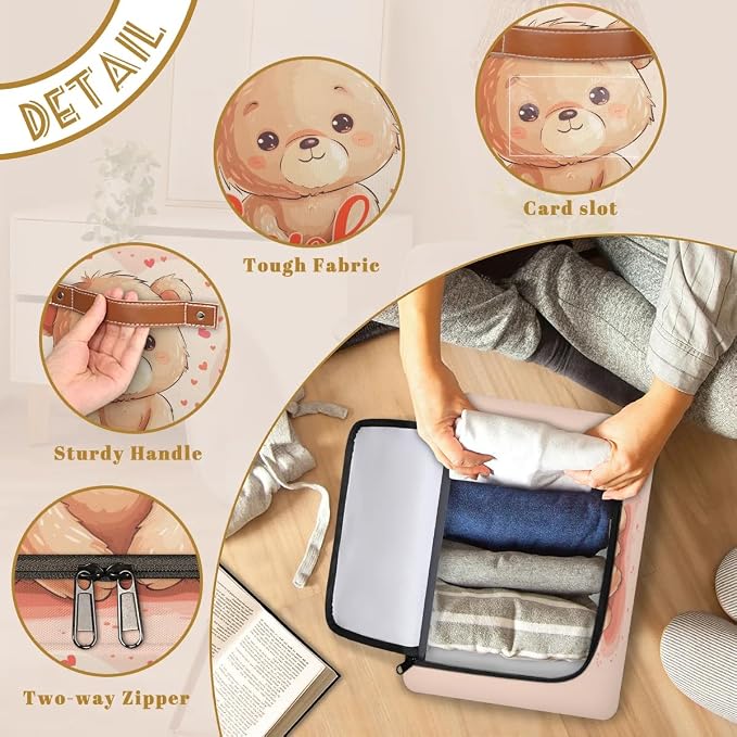 Custom Cute Bear Storage-Bin With Zipper Lid for Kids-Girls-Boys-Baby-Pet,Personalized Name Foldable Storage Box with Handle,Baby Basket With Label for Bedroom Nursery Toy Clothes,Pink