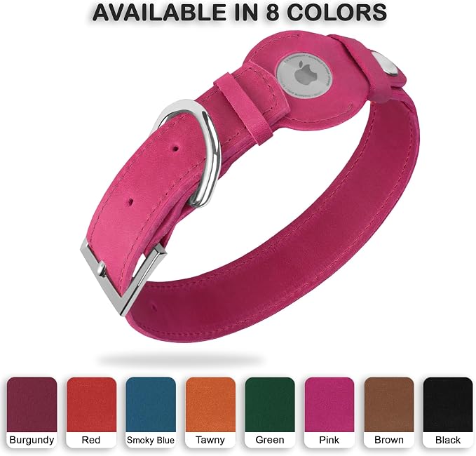 Leather Dog Collar with Airtag Holder - Apple Air Tag Dog Collars - Soft Tracking GPS Pet Collar for Small Medium Large Dogs Breed Puppy (Pink, M, 12"-15" Neck Fit)