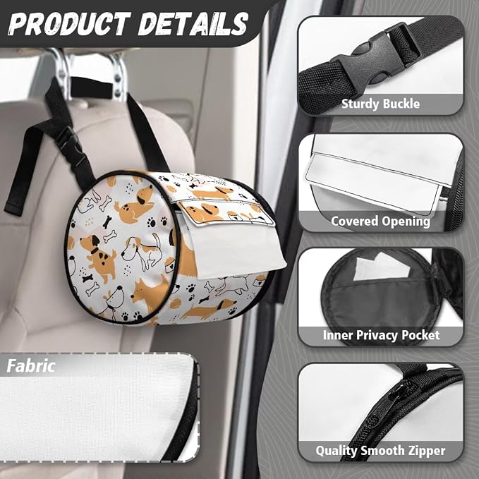 Hanging Paper Tower Holder Wall Mounted Cylinder Toilet Paper Roll Storage Holder with Adjustable Strap Easy to Install 6.3 * 6.3 * 6.3 Inch,Kawaii Puppies