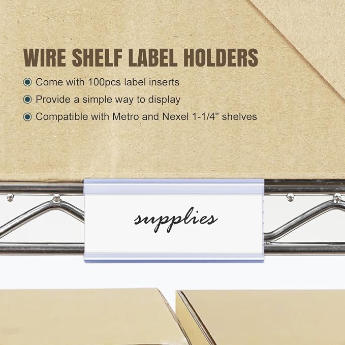 100Pcs Wire Shelf Label Holders with 100Pcs Label Paper Inserts, Plastic Wire Rack Label Holder Compatible with Metro and Nexel 1-1/4in Shelves, Label Area 3in Lx1.25in H