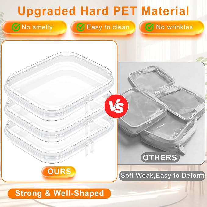 3PCS Clear Hard Shell Zipper Case,9.9*7.9*2in,Travel Toiletry Cosmetic Bags | Crush-Proof Waterproof Clear Zipper Pouches,Multi-Size Storage Box,Stackable Portable Makeup Bag Organizers PET Hard Pouch